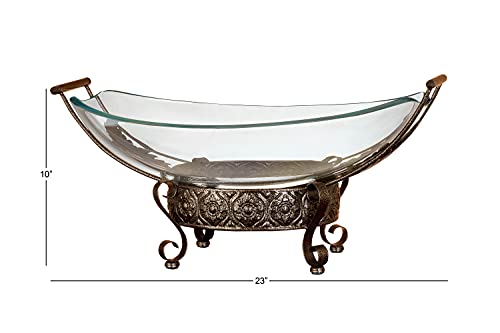 Deco 79 Tempered Glass Kitchen Serving Bowl With Brown Metal Scroll Base, 23" X 14" X 10", Clear #TOP5