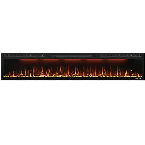 Image of 88-Inch Electric Fireplace, Recessed or Wall-Mounted Linear Heater, Ultra-Slim Frame, 1500W, 3 Flame Colors and 3 Top Lights, Log and Crystal Media, Remote, 1-9H Timer