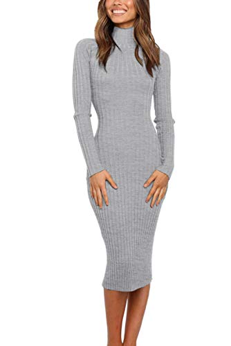 Image of MEROKEETY Women's Long Sleeve Sweater Dress 2025 High Neck Slim Fit Ribbed Knit Midi Winter Dresses, Grey XS