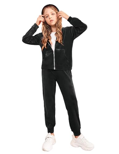 Arshiner Girls Fashion Sweatsuit 2 Piece Outfits Velour Tracksuits with Hoodie and Pants Black for 8-9 Years