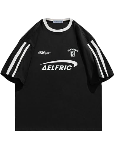 Aelfric Eden Graphic Tees Y2k Women Oversized T Shirts Striped Patchwork Crewneck Unisex Streetwear Tops