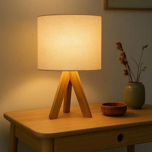Image of Ikari Homes Modern Teak Tripod LED Table Lamp With Wooden Base And White Fabric Shade, Bedside Desk Light For Living Room I Bedside Lamp For Night /Study Lamp I Size 16.75 In X 8.6 In