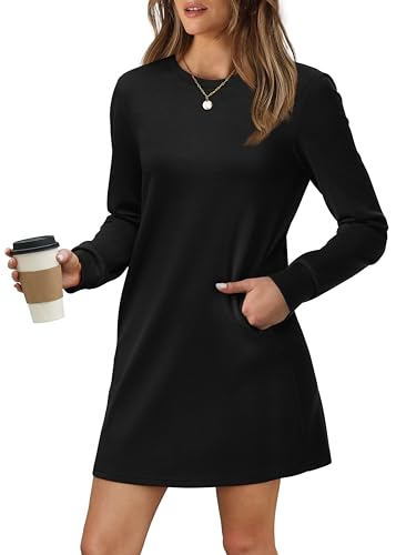 WIHOLL Black Dresses for Women Long Sleeve Crewneck Trendy Casual Mini Dress with Pockets Loose Fit Fall Fashion 2024 L