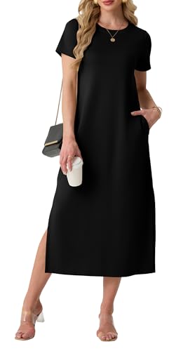 Lepunuo Casual Dresses for Women Crew Neck Short Sleeve Wrinkle-Free Split Maxi Dress Vacation Outfits with Pockets