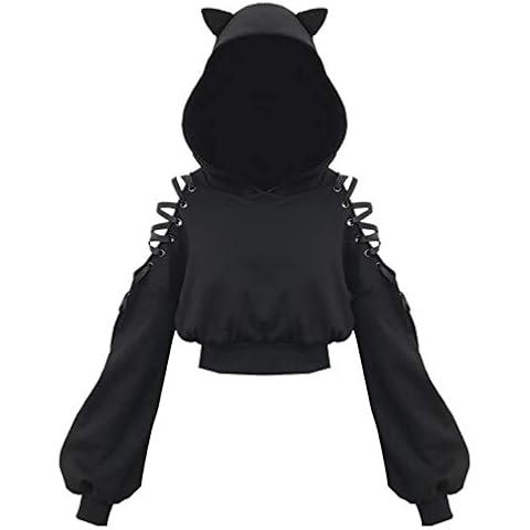 Women Cat Ears Hoodie Gothic Long Sleeve Sweatshirt Cute Hollow Out Tops Blouse Crop Top Pullover Black Cover