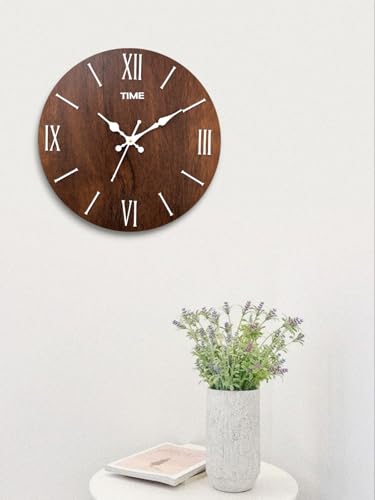 Image of cozyloom Wooden Wall Clock with Roman Numerals - Vintage Rustic Wooden Wall Clockt, Classic Analog Timepiece for Living Room, Bedroom & Wall Decor Styling