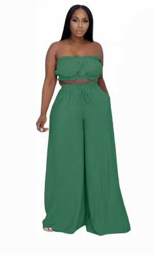 Image of Two Piece Sets for Women Summer Outfits Crop Tops and Wide Leg Pants Sets Sexy Jumpsuits Vacation Outfits with Pockets