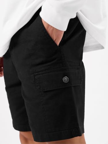 Image of The Souled Store Solids: Deep Black Men and Boys Cotton Blend Knee Length Cargo Shorts