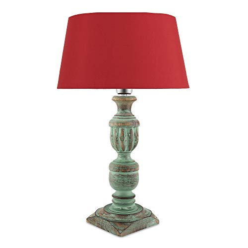 Image of Homesake Handcrafted Wooden Table Lamp for Living Room & Bedroom | Bedside Rustic Algae French Table Lamp with Red Fabric Shade | Included Bulb | Decorative Wooden Night Lamp for Home Decor