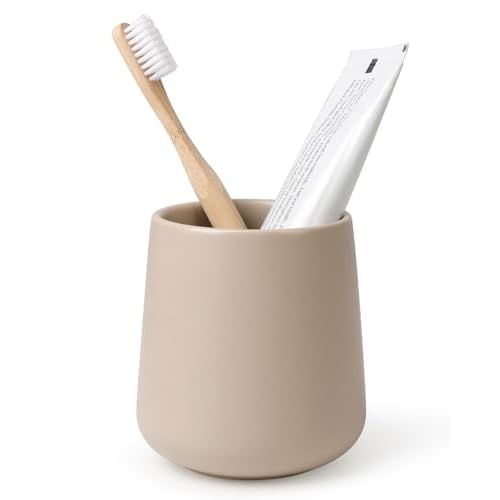 BosilunLife Bathroom Toothbrush Holder - Ceramic Toothbrush Cup Holder 13Oz Khaki Toothbrush Holder for Bathroom Toothbrush and Toothpaste Holder for