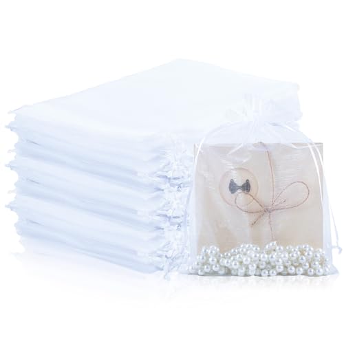 Mstar Pack 100 Pcs Organza Bags Grey Sheer Organza Wedding Favor with Drawstring Jewelry Gift Bag for Party Jewelry Bathroom Soaps (White 5.91 * 7.87 inch)