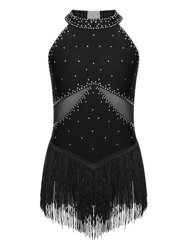 TiaoBug Maillot De Patinaje Artístico Para Niñas Leotardo Sin Mangas Con Flecos Body De Danza Ballet Elegante Vestido Lentejuelas De Baile Actuación Gimnasia Negro E 9-10 años