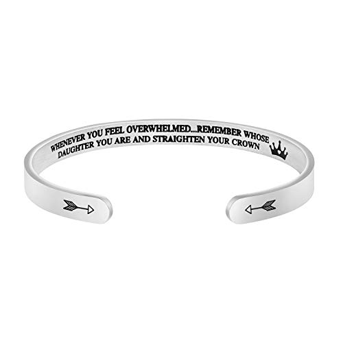 Motivational Bracelet for Women Cuff Bangle Stainless Steel Open Engraved Inspirational Jewelry Whenever You Feel overwhelmed.Remember Whose Daughter