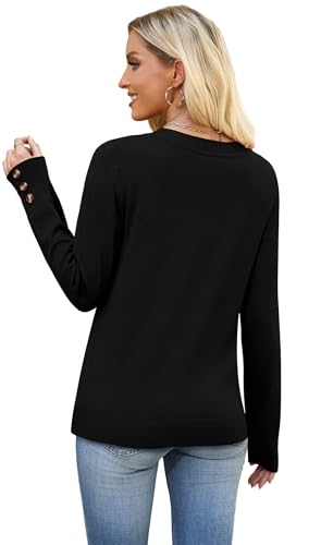 Image of WIHOLL Lightweight Sweaters for Women Long Sleeve V Neck Knit Outfits with Decorative Buttons