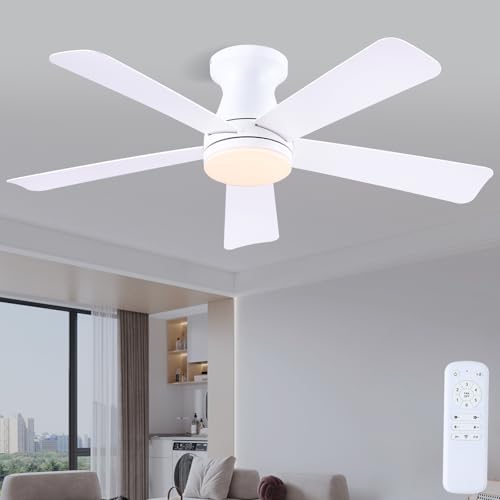 Image of 46 inch White Low Profile Ceiling Fans with Lights,Modern Flush Mount Ceiling Fans with Reversible DC Motor,Dimmable 3 Colors 6 Speeds