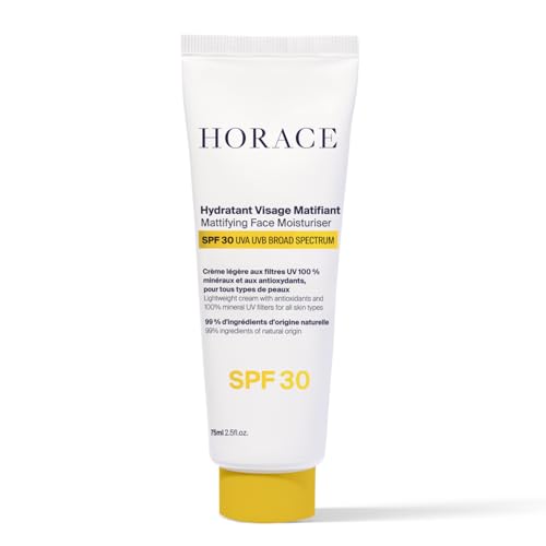 HORACE Mattifying Face Moisturiser SPF30 for Men - Natural Hydrating Cream with UV Protection - Premature Ageing Prevention - Skincare for All Skin Types - Unscented 75 ml