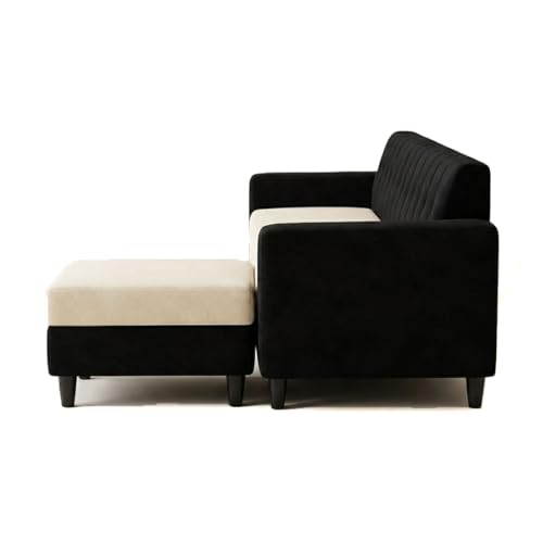 Image of FURNY Luxe 4 Seater L Shape Sofa Set with Movable Ottoman | Flexible Left or Right Layout | Plush Velvet Fabric (Black-Cream) | Perfect for Living Room, Guest Room & Office