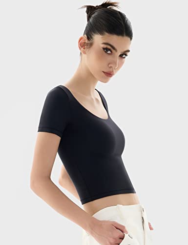 PUMIEY Women's Scoop Neck Short Sleeve T Shirt Slim Fit Sexy Tops Smoke Cloud Collection3