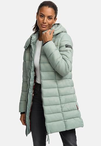 MARIKOO Damen langer Wintermantel warmer Steppmantel mit abnehmbarer Kapuze Abendsternchen Smokey Mint Gr. L