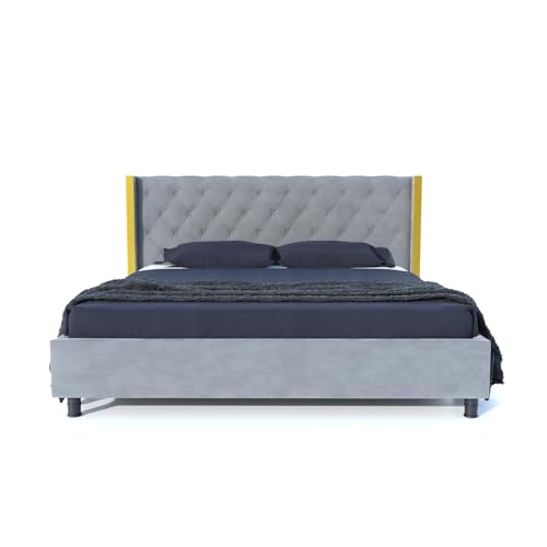 Image of Custom Decor Upholstered King Size Bed for Bedroom | Wooden Double Bed | Platform Cot Bed with Upholstery Premium Fabric | 6.5 x 6 Ft | Sheesham Solid Wood Rosewood (Gray, 83 * 75 * 39 inch)