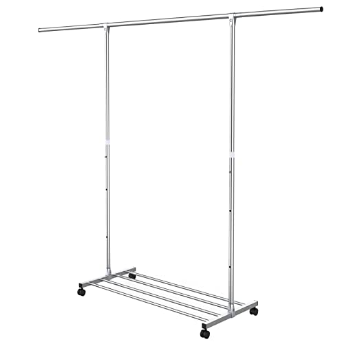 DEWEL Clothes Rack Garment Rack Clothing Racks for Hanging Clothes, Coat Rack Freestanding with Wheels and Bottom Shelves, Rolling Closet Storage Wardrobe Closet Rack Length Extendable