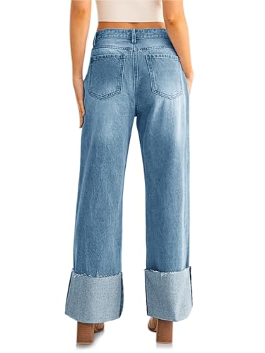PLNOTME Womens Baggy Cuffed Jeans Casual Straight Leg Boyfriend Denim Pants with Pockets Light Blue — view 4