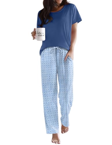 Image of Ekouaer Pajama Sets for Women Round Neck Pjs Short Sleeve Sleepwear with Long Pants Loose Lounge Sets