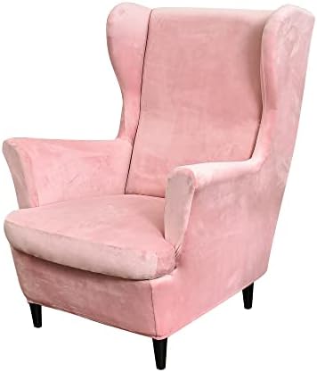 PENDEJATO Wing Chair Slipcovers, 2 Piece Stretch Wingback Chair Cover Soft Velvet Armchair Covers with Elastic Bottom for Living Room Bedroom (Pink)