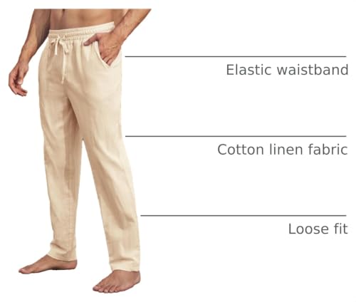 Image of PASLTER Mens Cotton Linen Pants Casual Summer Beach Pants Dress Trousers