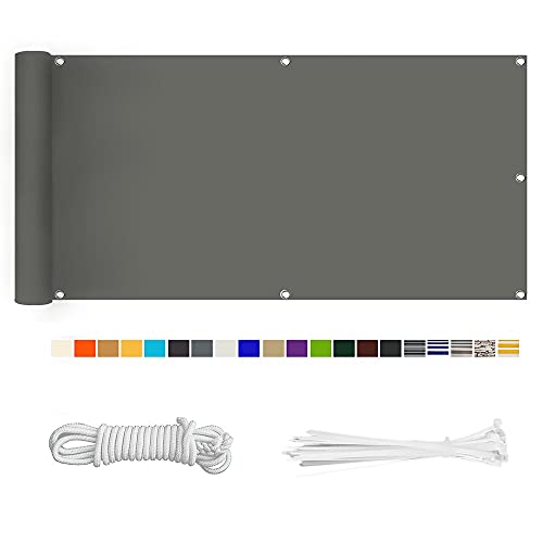 HERILIOS Balkon Sichtschutz, Balkonabdeckung 220 g/m² Innen Balkonverkleidung UV-Schutz (210Größen&21Farben) Ohne Bohren mit Ösen Kabelbinder und Kordel für Balkongeländer Terrasse,50X200CM Grau