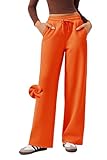 PINSPARK Cotton Warm Fleece Sweatpants for Womens Fashion High Rise Wide Leg Sports Pants Casual Lounge Drawstring Pant with Two Pockets, Orange Petite XXL