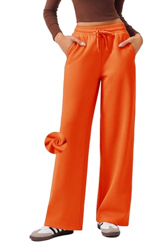 PINSPARK Cotton Warm Fleece Sweatpants for Womens Fashion High Rise Wide Leg Sports Pants Casual Lounge Drawstring Pant with Two Pockets Orange M