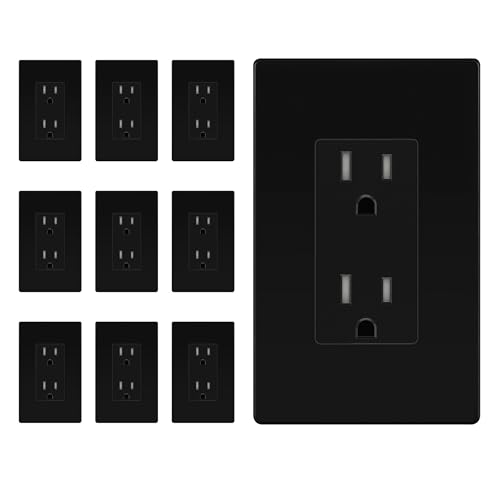 TG Matte Black Decorator Receptacle with Screwless Wall Plate Standard Electrical Wall Outlet 15A 125V Self-Grounding 2-Pole 3-Wire 5-15R UL Listed 10 Pack Tamper Resistant