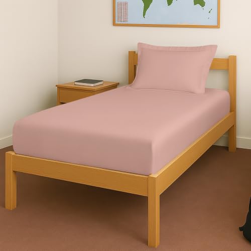 Image of Pizuna 100% Cotton Fitted Bedsheet Single Bed 400 Thread Count Long Staple Cotton Sateen Fitted Bedsheet 40x78 Inch with 1 Pillow Cover, Misty Rose Elastic Fitted Bedsheets Single Bed fits 12 Inch