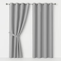 AMEHA Blackout Eyelet Curtains for Bedroom Light Grey Black Out Curtains Thermal Insulated Ring Top Window Treatment Curtain 46 X 54 Inch 2 Panels Tiebacks