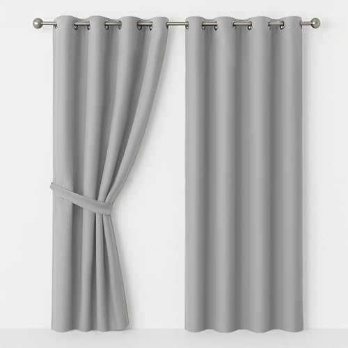 AMEHA Eyelet Blackout Curtains for Home Décor Soundproof Thermal Insulated Light Grey Ring Top Kitchen Curtain 66x54 Inch, Pair Panel with Tiebacks