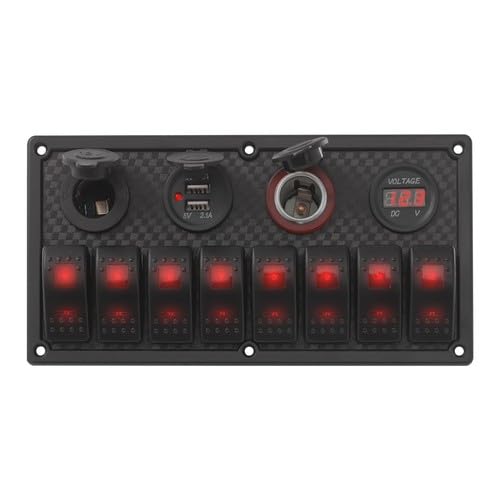 Panel de conmutación marina de 8 marchas, 12 V/24 V con interruptores LED, IP65 resistente al agua, para barco y yate, incluye voltímetro, puerto USB dual y encendedor de cigarrillos, panel