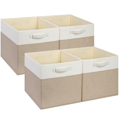 Mangata Cajas de almacenamiento de 30x30x30cm, cestas de almacenamiento de tela para cubos de ropa, cestas, cofres, juguetes (Caqui claro/Blanco, 4 piezas)