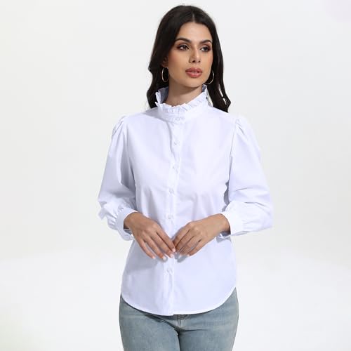 SUNNOW Women's White Button Down Shirt Ruffle Stand Collar Long Sleeve Blouse Business Casual Top4