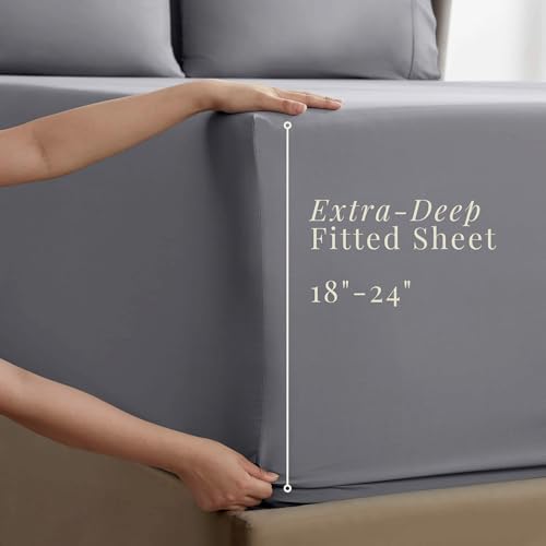 Image of Hearth & Harbor Bed Sheets, Luxury Soft 6 Piece Bed Sheet Set Extra Deep Pocket Fitted Sheets Fits Mattress up to 21 inch, Double Brushed Bedding Sheets & Pillowcases, King, Frost Gray