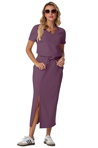 Image of GRECERELLE Women Summer Casual 2 Piece Sets V-Neck Wrinkle-Free Top & Elastic Waist Midi Side Slit Skirt with Pockets