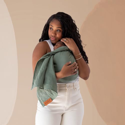 WildBird Ring Sling Baby Carrier for New Moms & Dads & Caregivers - Made from 100% European Linen - for Newborns to Toddlers Up to 35 lbs - Long 90\" Size (Acadian Fabric/Rose Gold Ring)