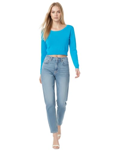 Image of Women's Crop Top Stretch Sweater - Long Sleeve Slim Bodycon Crewneck Casual Basic Solid Cropped Knit Pullover Top
