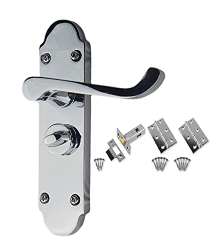 Golden Grace Victorian Scroll Bathroom Door Handles on Shaped Backplate in Polished Chrome with Hinges & Latch, Privacy Set - 168mm x 40mm
