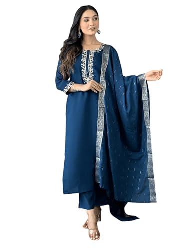 Image of Women's Viscose Chanderi Solid 3 /4 Sleeve Round Neck Embroidered Kurta, Pant and Dupatta-Petrol-JT-058