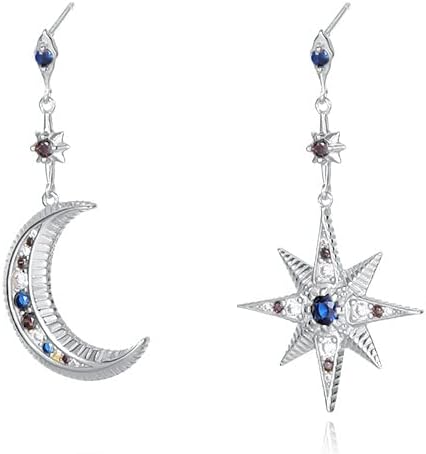 14K Gold Moissanite Moon Star Drop Earrings,Dainty Moon Star Asymmetrical Style Dangle Earrings,Fashion Jewelry Gift for Her