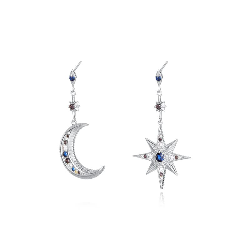 925 Sterling Silver Asymmetric Stud Earrings Colorful Zircon Star Moon Drop Earrings