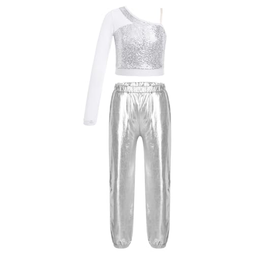JanJean Kids Girls 2Pcs Dance Tracksuit Shiny Metallic Crop Top with Athletic Sweatpants Jazz Hip Hop Jazz Dance Costume Silver B 8 Years
