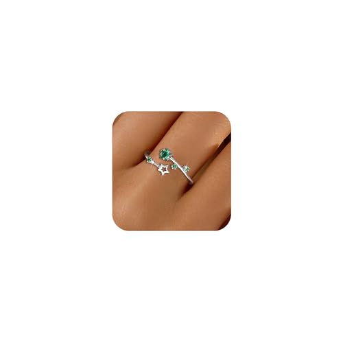 SUYACS 925 Sterling Silver Star Rings with Green Blue Birthstone for Women Cute Adjustable Y2K Rings Double Star CZ Wrap Open Statement Engagement Ring Jewelry Birthday Gifts to My Daughter