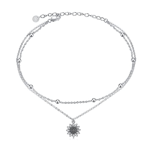 Image of POPLYKE 925 Sterling Silver Double Layered Chain Evil Eye Daisy Sunflower Butterfly Anklets for Women Holiday Beach Crystal Ankle Bracelet Dainty Evil Eye Jewelry